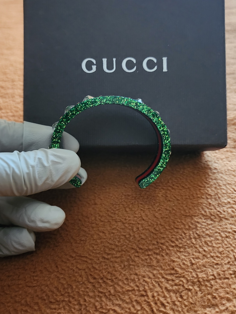 Gucci Green Glitter Resin Bangle Cuff with Red Stripe and Crystal With COA - Picture 2 of 3